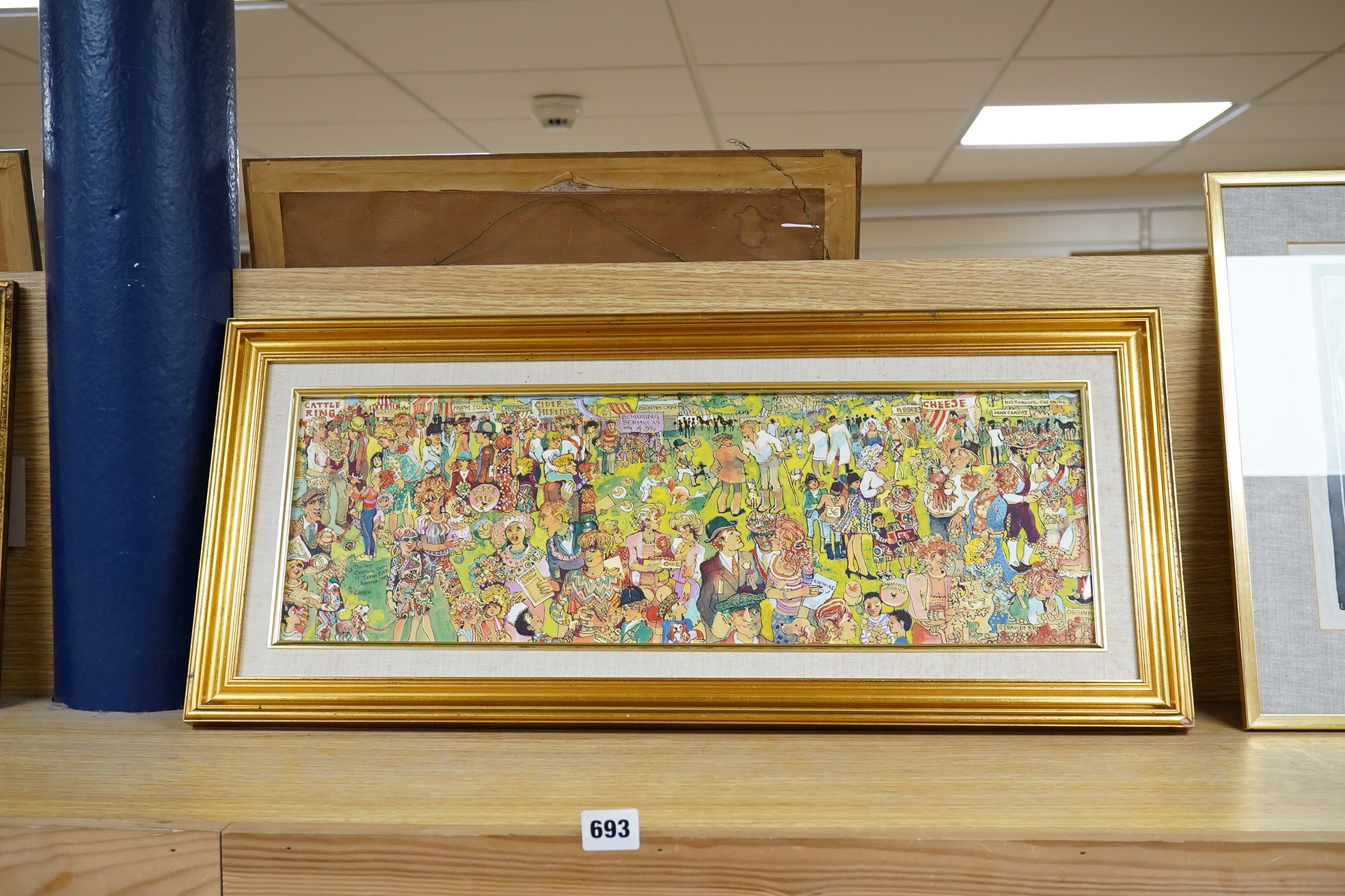 Pat Cooke (1935-2000), ink and watercolour, 'Crowds at the last Cheshire show at Tatton Park, Summer 1989', signed, 19 x 58cm, gilt frame. Condition - good